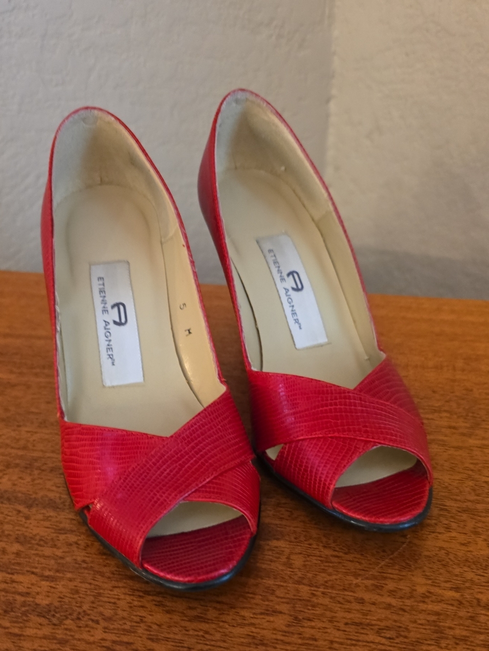 Etienne Aigner Red Peep-Toe Leather Heels